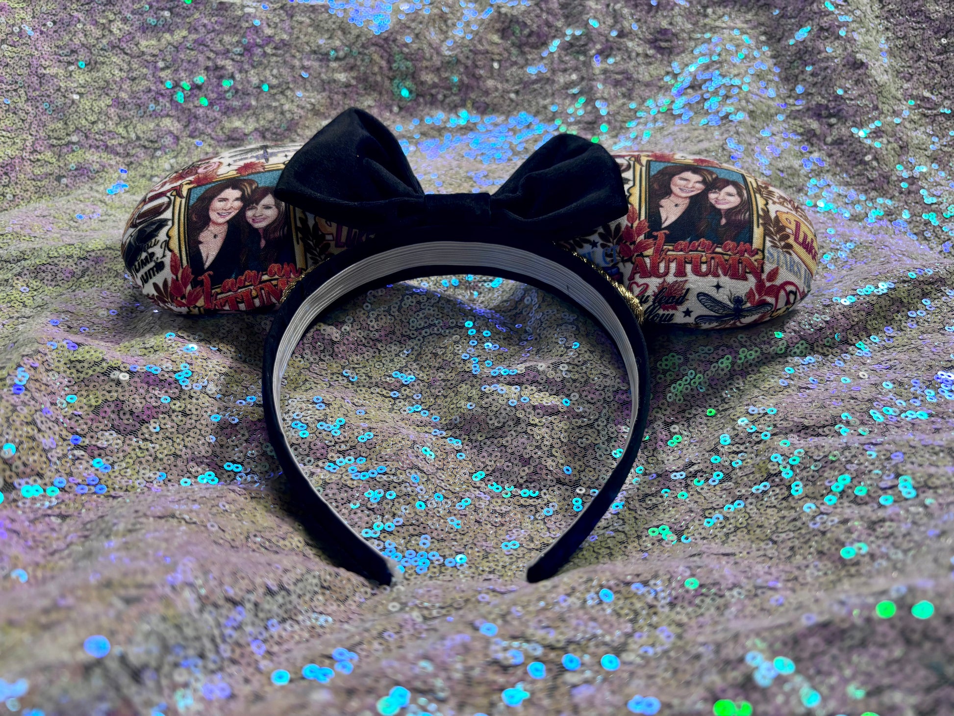Handmade and ready to ship GG inspired mouse ears with the fabric on both the front and back showing Rory and Lorelai. On a black universal sized headband. The set has a BLACK VELVET bow, but you can request any sequin color in your order and I'll attach it.