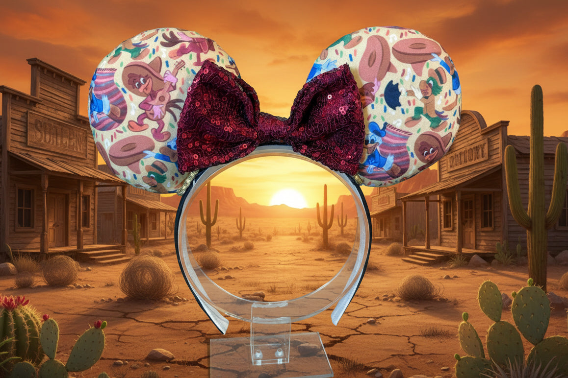 Colorful three caballeros themed mouse ears with a burgundy sequin bow. Shown on a stand against a desert backdrop with cacti and a sunset.