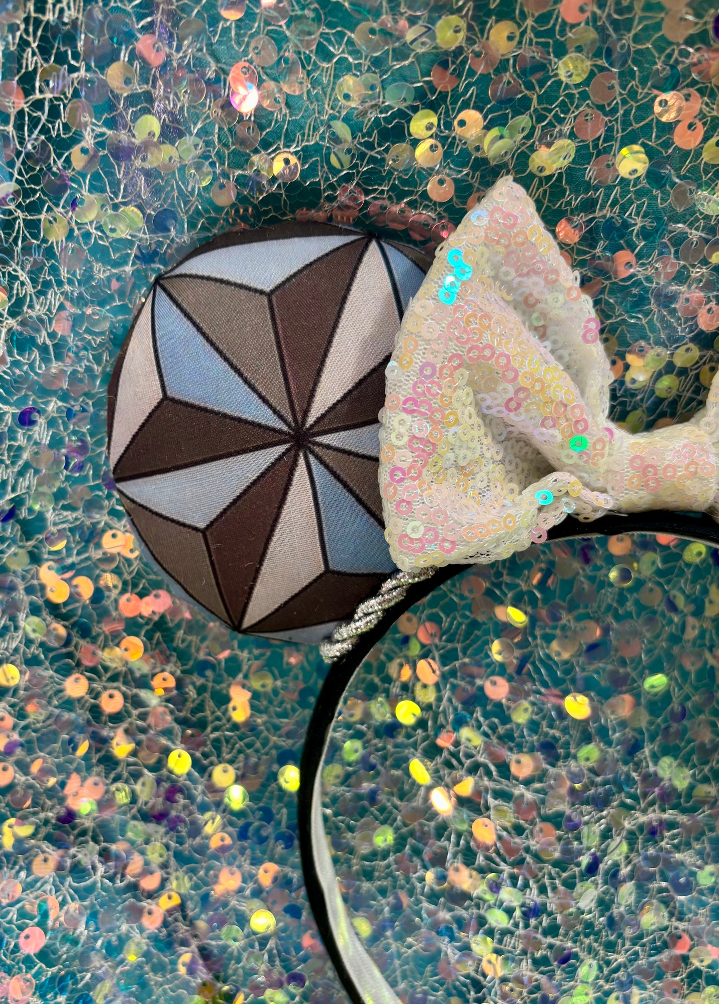 Epcot Inspired Mouse Ears | Handmade Spaceship Earth Disney Headband with Iridescent Sequin Bow