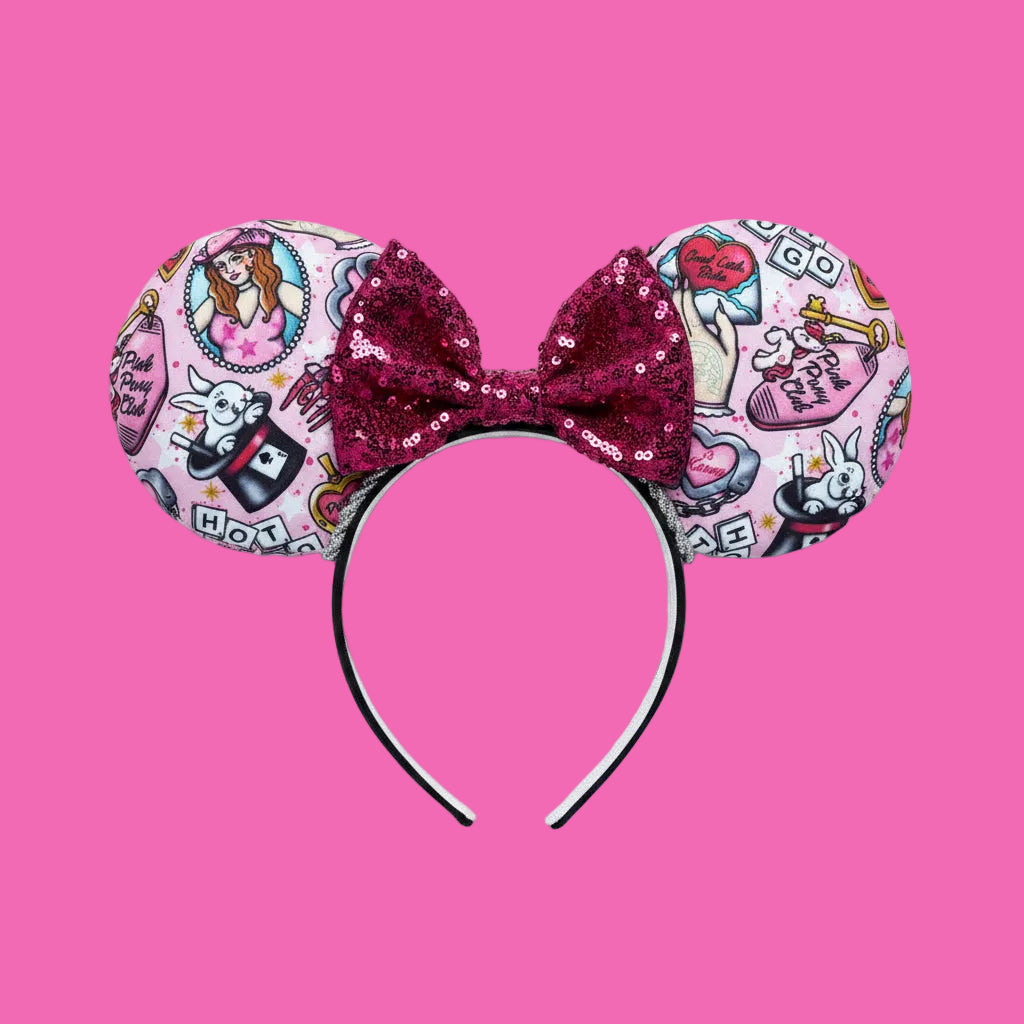 Handmade and ready to ship GOOD LUCK, BABE mouse ears headband with a hot pink sequin bow, silver twisted trim on a black Universal sized headband.