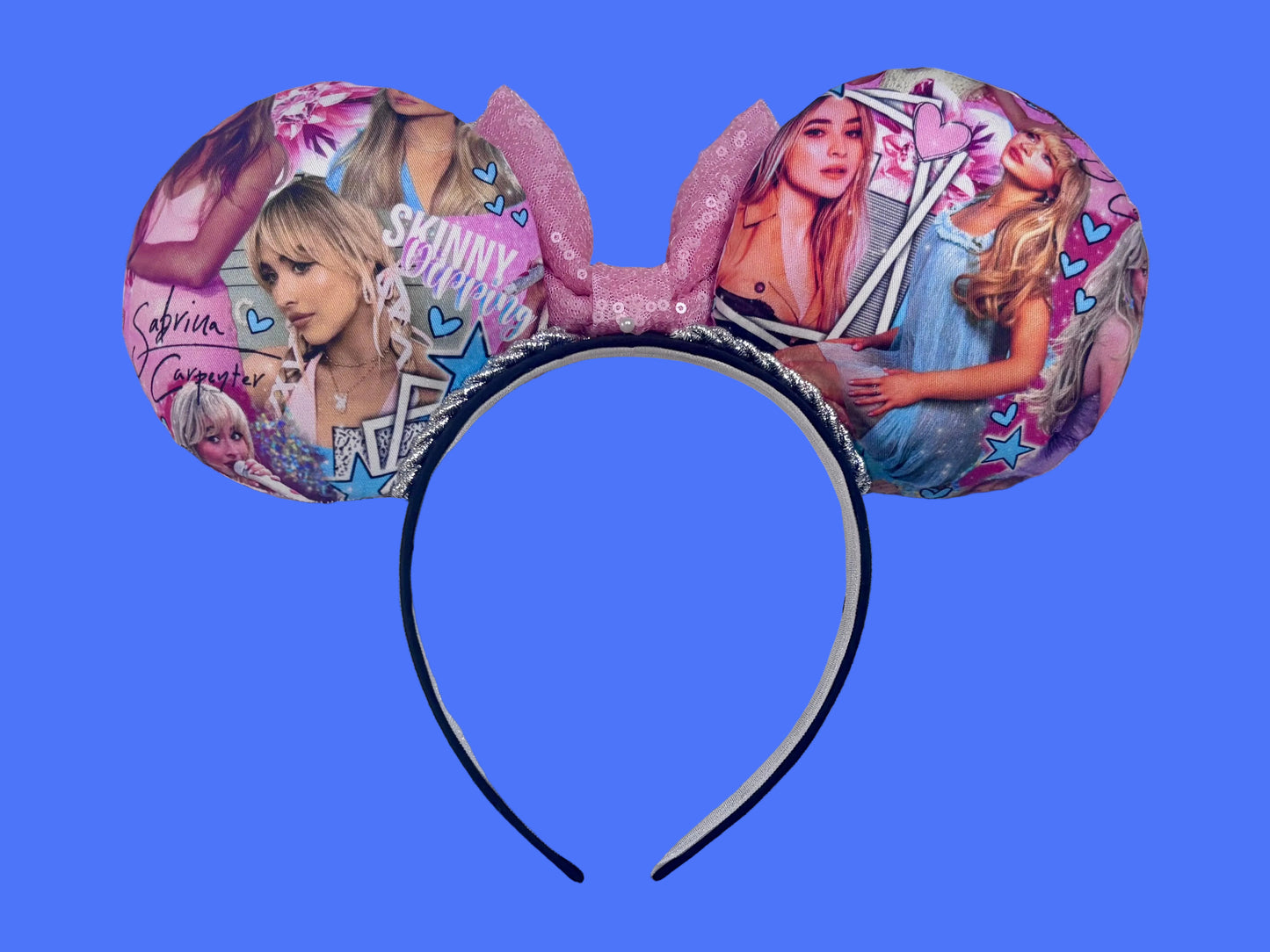Back view of mouse ears. Handmade and ready to ship SC mouse ears with images of singer on the front and back of mouse ears with silver twisted trim and a light pink sequin bow on a black poly cotton headband.