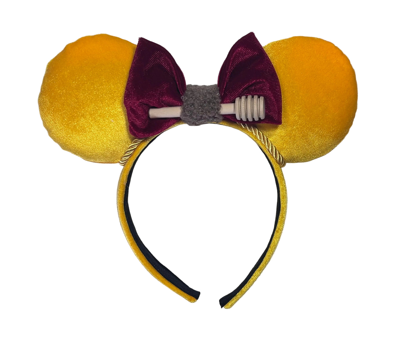 Yellow mouse ears with a red bow with a mini honeycomb and fluffy brown middle