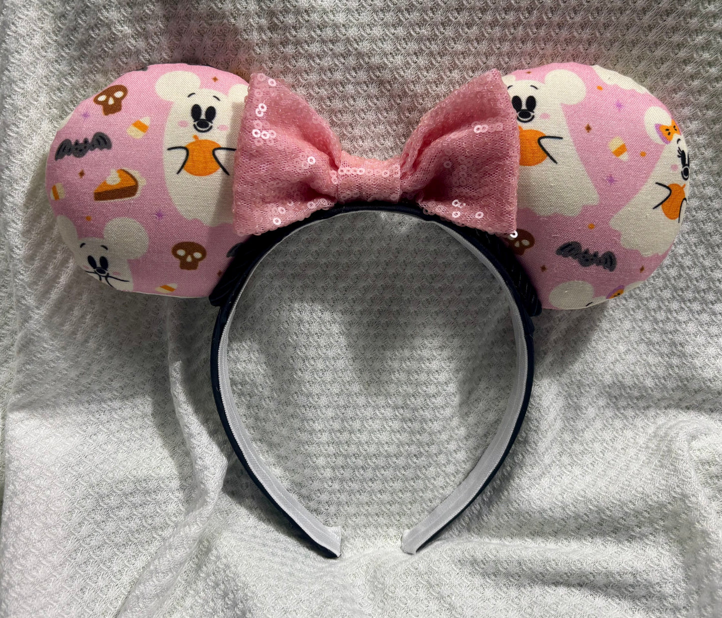Pink Ghost Mouse Ears | Spooky-Cute Halloween Headband with Pink Sequin Bow