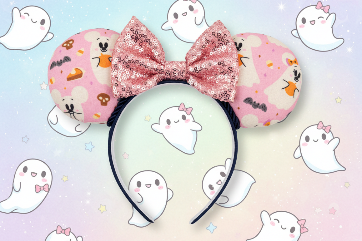 Cute mouse ears with mouse ghosts on pink ears. The headband is black with a pink sequin bow. Shown on  a pastel background