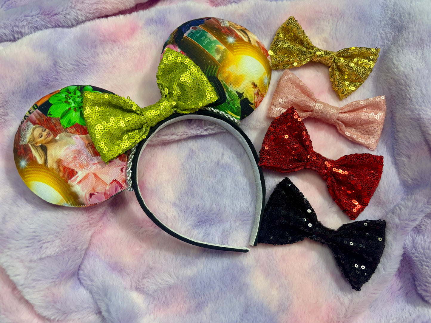 Defying Gravity Mouse Ears – Wicked Inspired Handmade Disney Headband | Green Sequin Bow.
