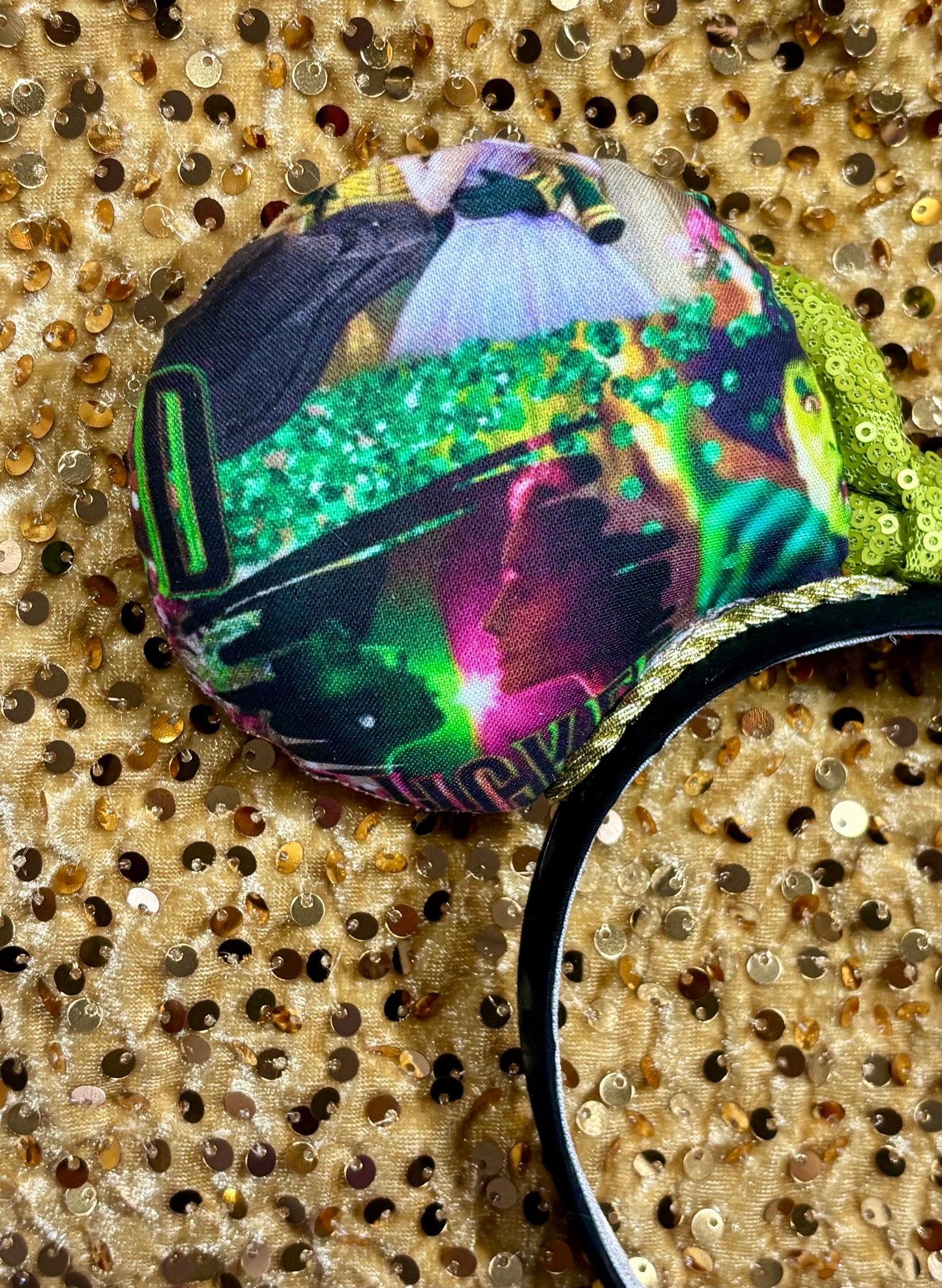 Wicked Collage Mouse Ears – Elphaba & Glinda Inspired Handmade Disney Headband | Pink Sequin Bow