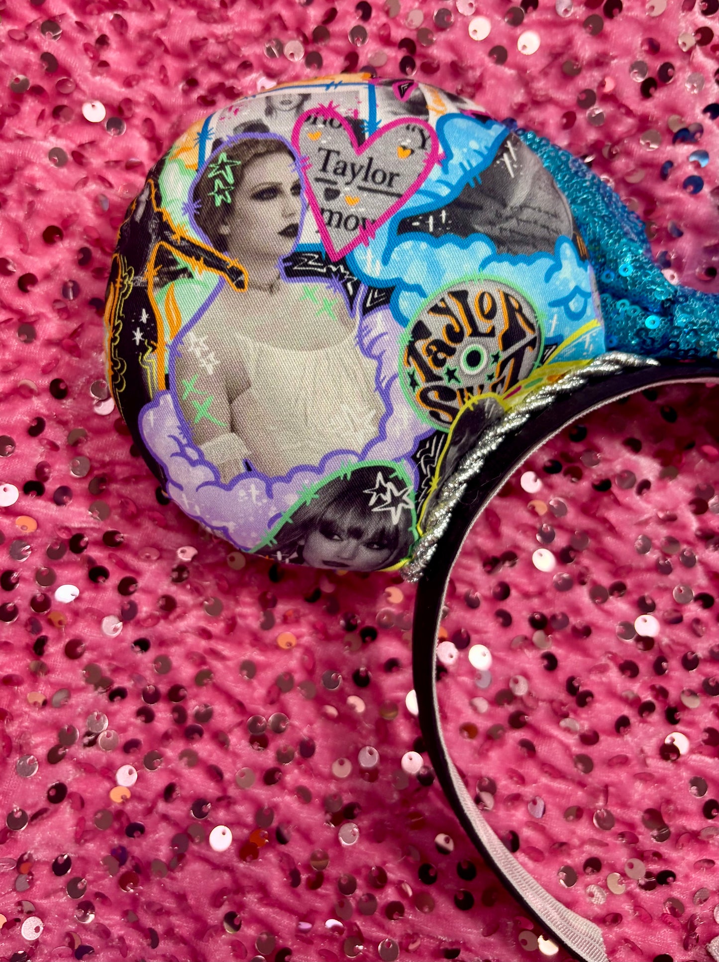 Neon Fortnight Mouse Ears - Taylor Swift Inspired Headband with Blue Sequin Bow