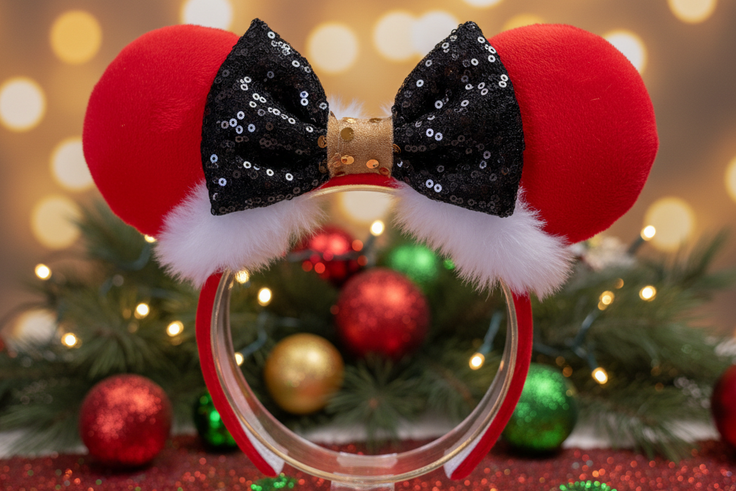 Red plush mouse ears with a black bow on the headband with festive background