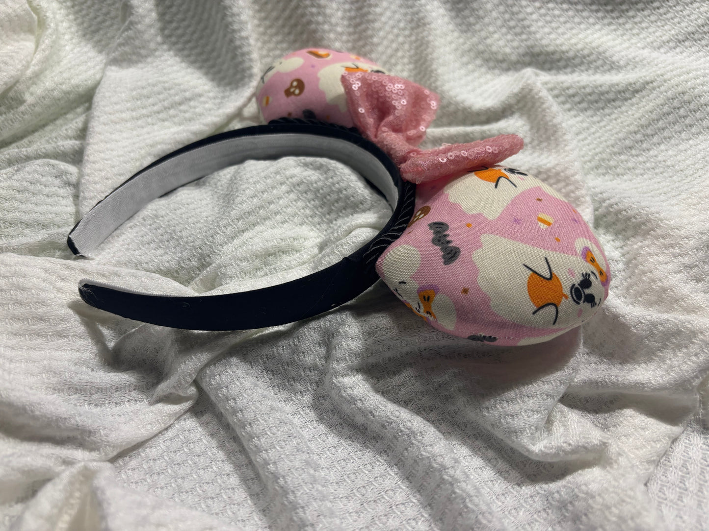 Pink Ghost Mouse Ears | Spooky-Cute Halloween Headband with Pink Sequin Bow