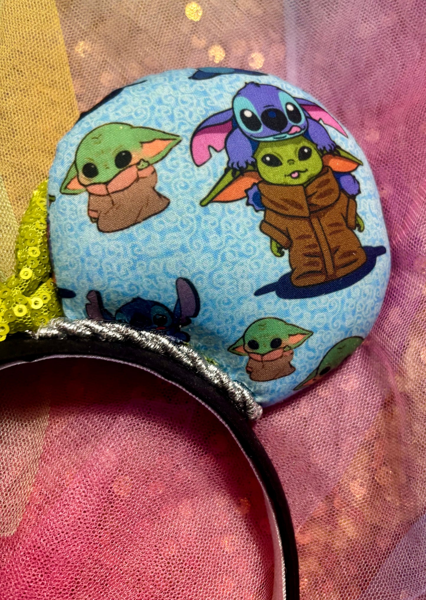 Baby Yoda & Stitch Mouse Ears | Handmade Star Wars Lilo & Stitch Disney Headband with Sequin Bow