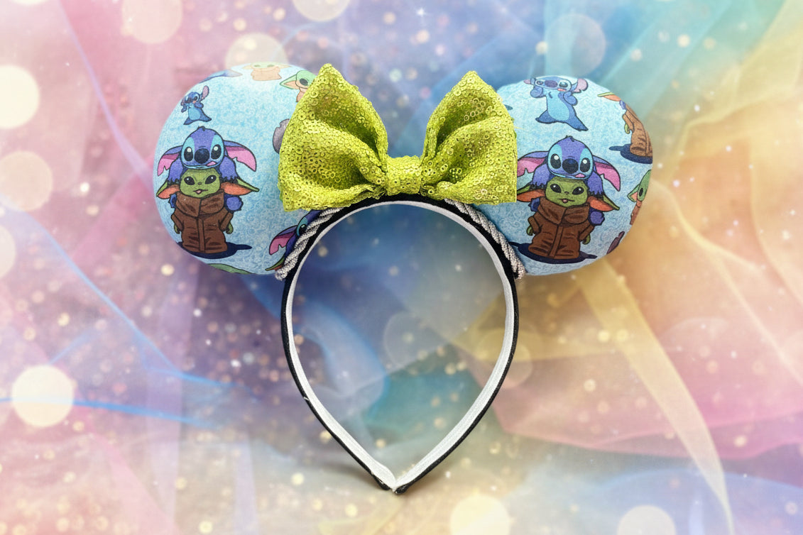 Baby Yoda & Stitch Mouse Ears | Handmade Star Wars Lilo & Stitch Disney Headband with Sequin Bow