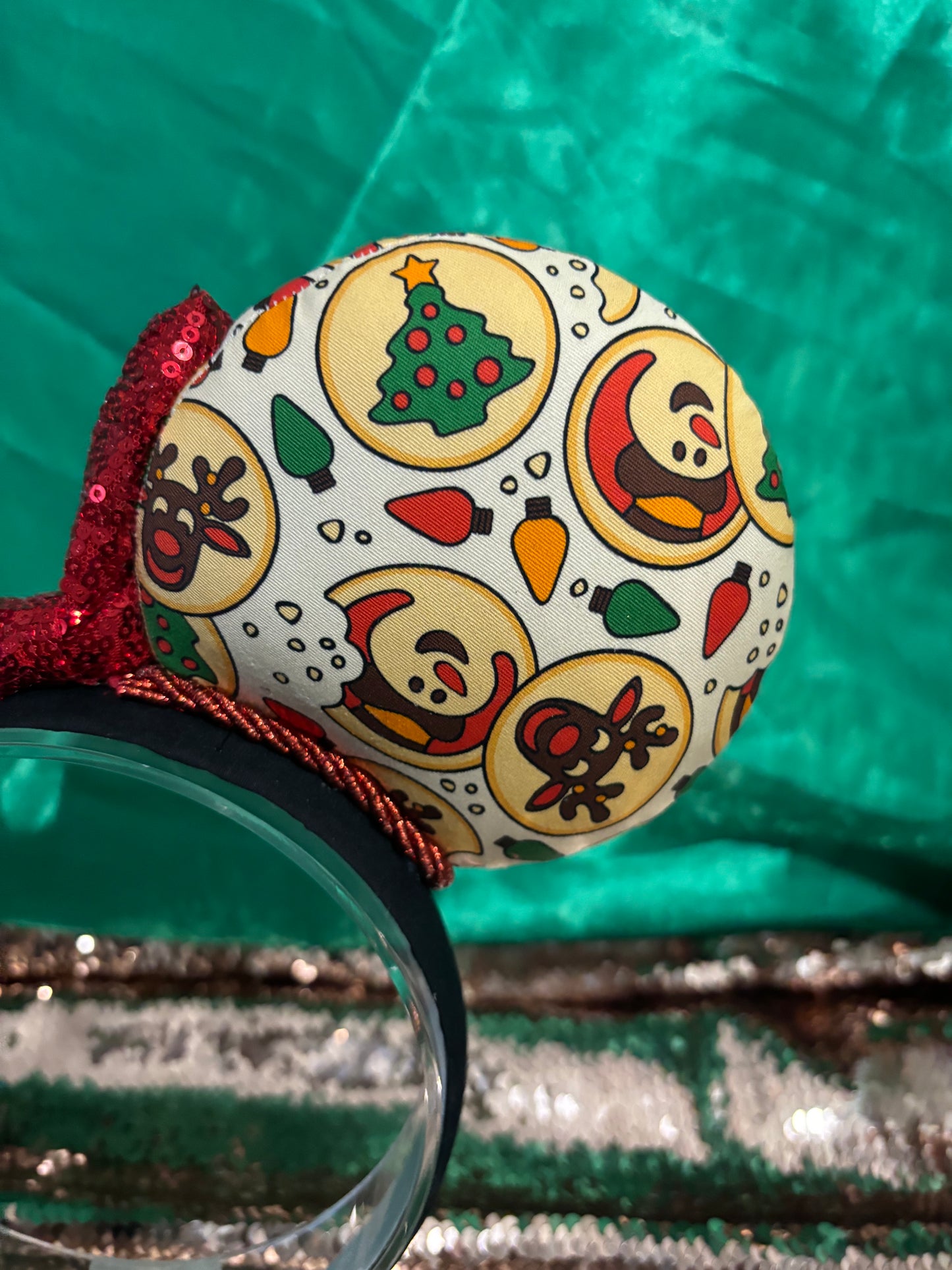 Sugar Cookie Mouse Ears – Handmade Disney-Inspired Christmas Headband with Red Sequin Bow.