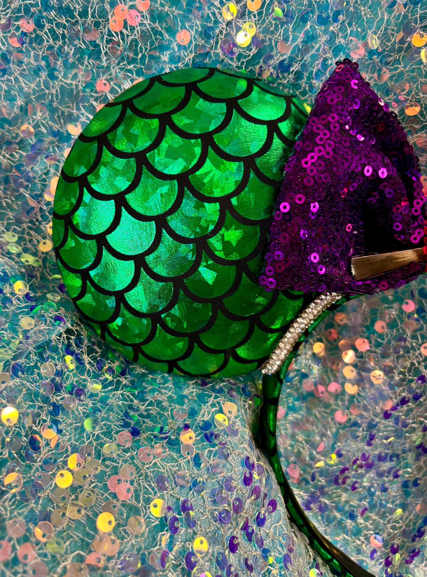 Mermaid Mouse Ears | Handmade Ariel-Inspired Disney Headband with Rhinestone Trim & Dinglehopper Bow