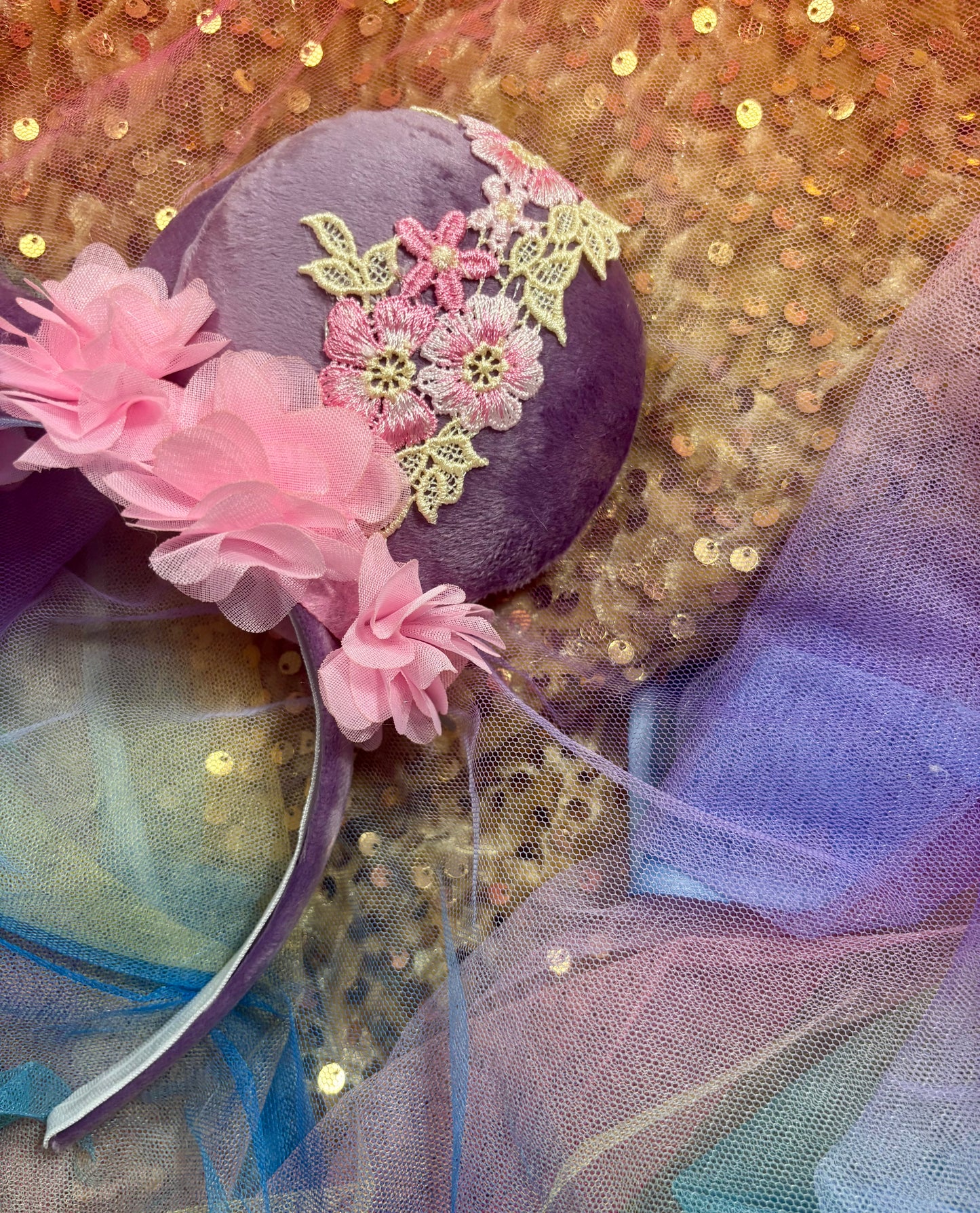 Rapunzel Inspired Mouse Ears | Purple Velvet & Pink Floral Trim Theme Park Headband