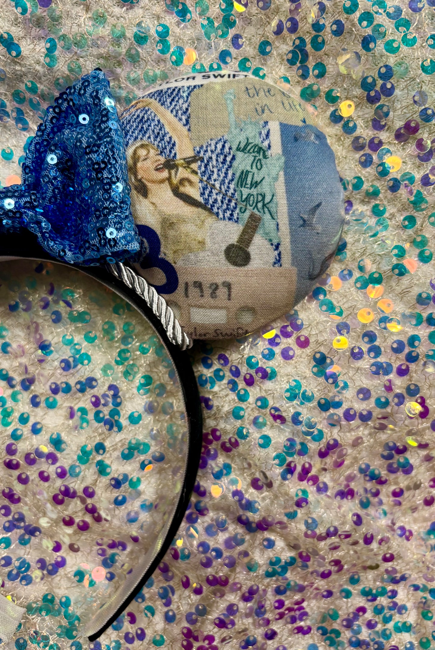 Close up view of the left front side of mouse ear with TS on tour in the image.  Handmade and ready to ship. 