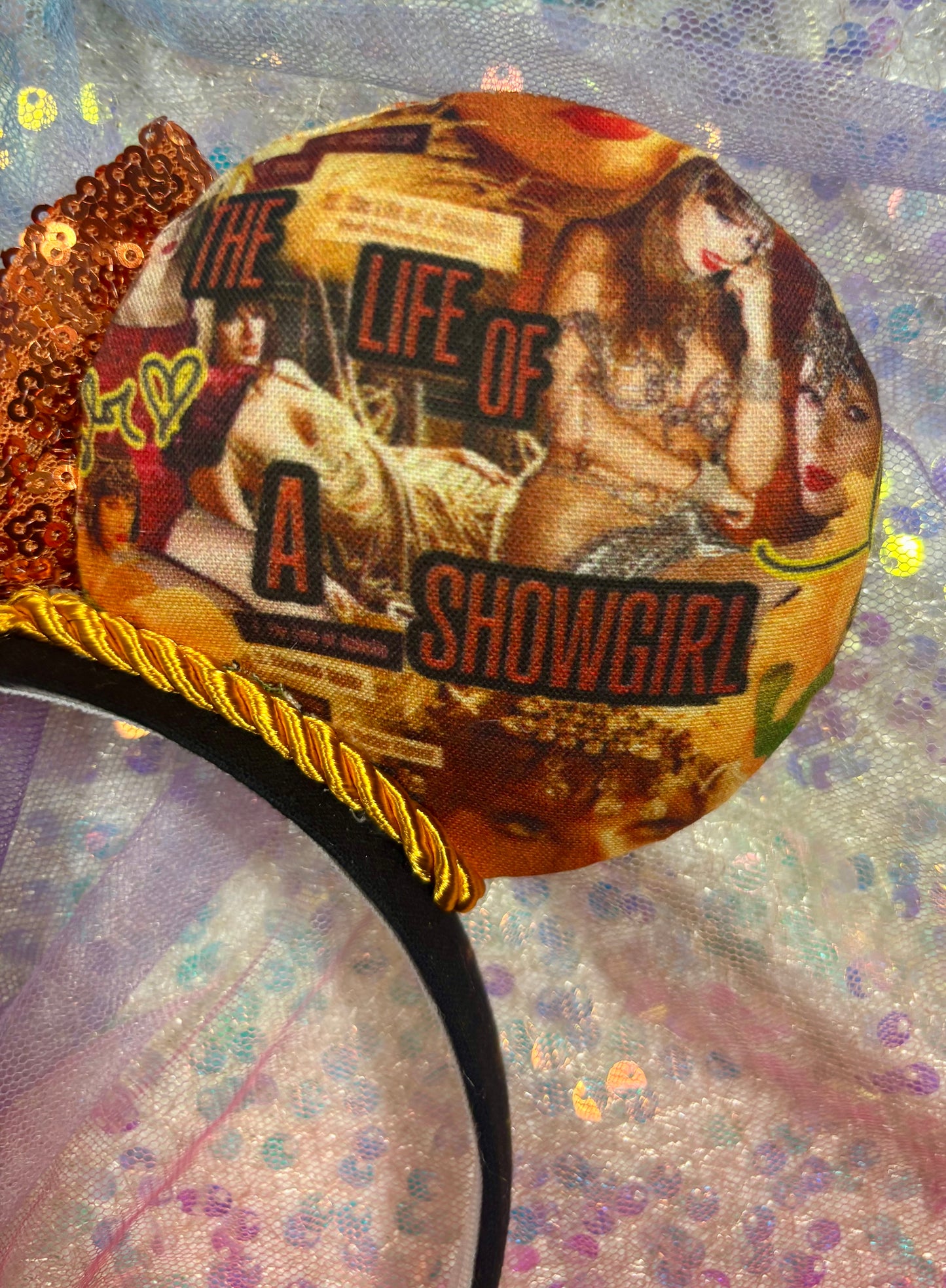 Showgirl Collage Mouse Ears | LOAS Inspired Orange Satin Bow Theme Park Headband