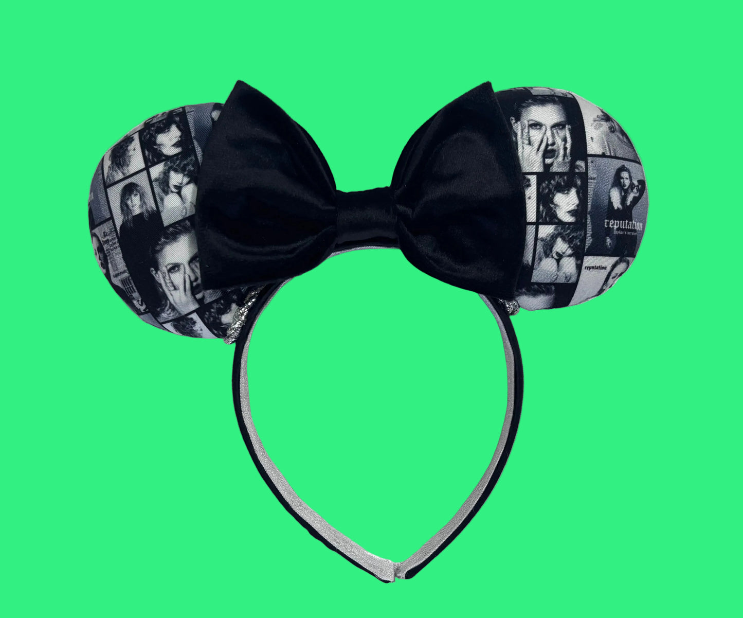 Handmade and ready to ship "BAD' reputation Mouse ears with a new beautiful black velvet bow. Of course, you can still request any bow in sequin if you prefer and I will attach it. Shown on a green background.