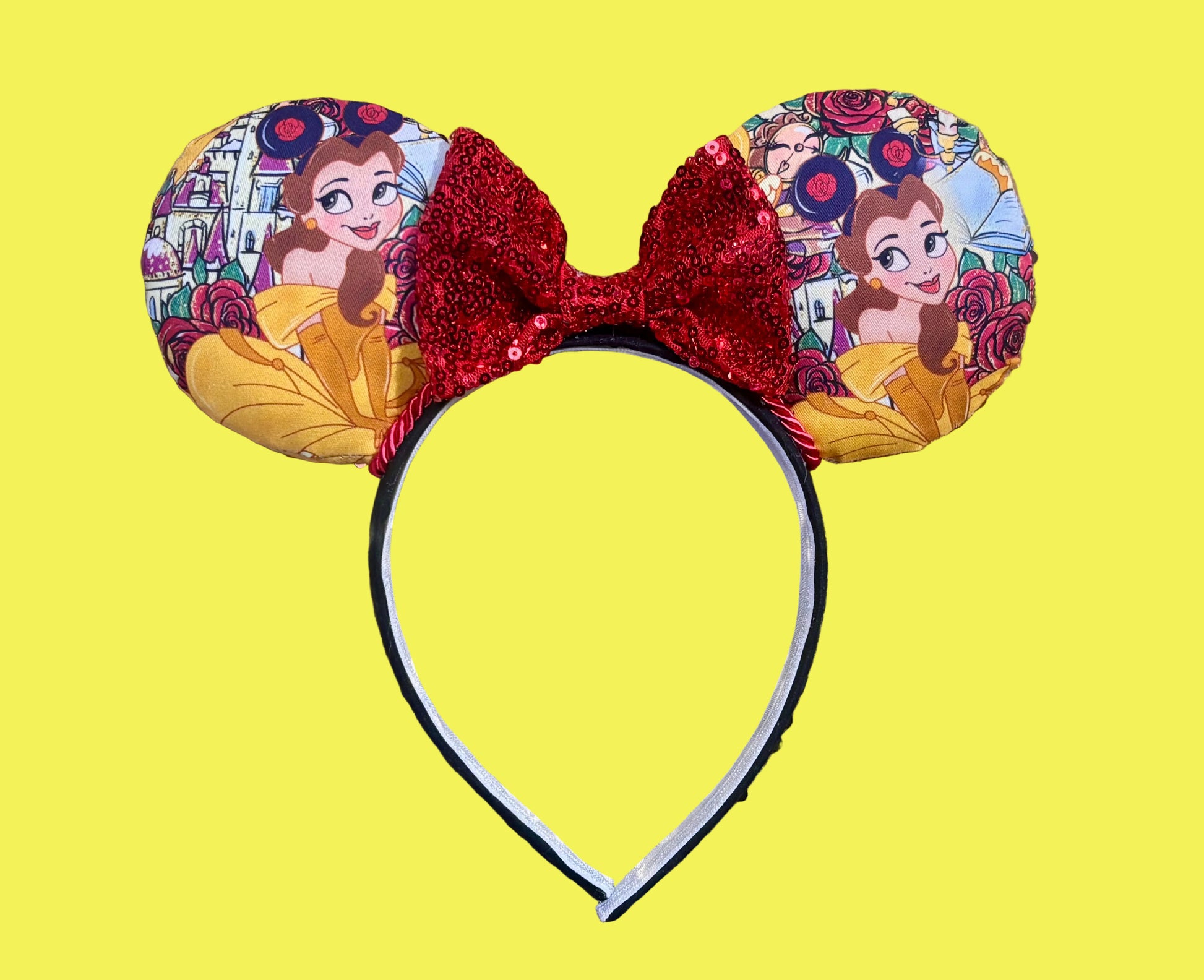 Belle from Beauty and the Beast-themed headband with Belle wearing mouse ears with red twisted trim and a red sequin bow. Handmade and ready to ship. 