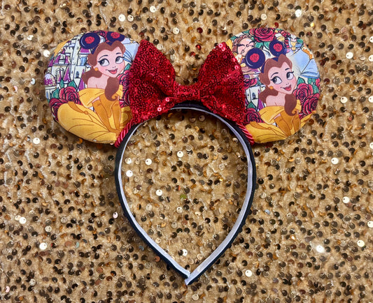 Belle from Beauty and the Beast-themed headband with Belle wearing mouse ears with red twisted trim and a red sequin bow. Handmade and ready to ship. 