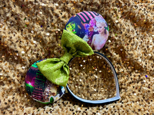 Wicked Collage Mouse Ears | Handmade Disney Headband with Gold Trim & Sequin Bow