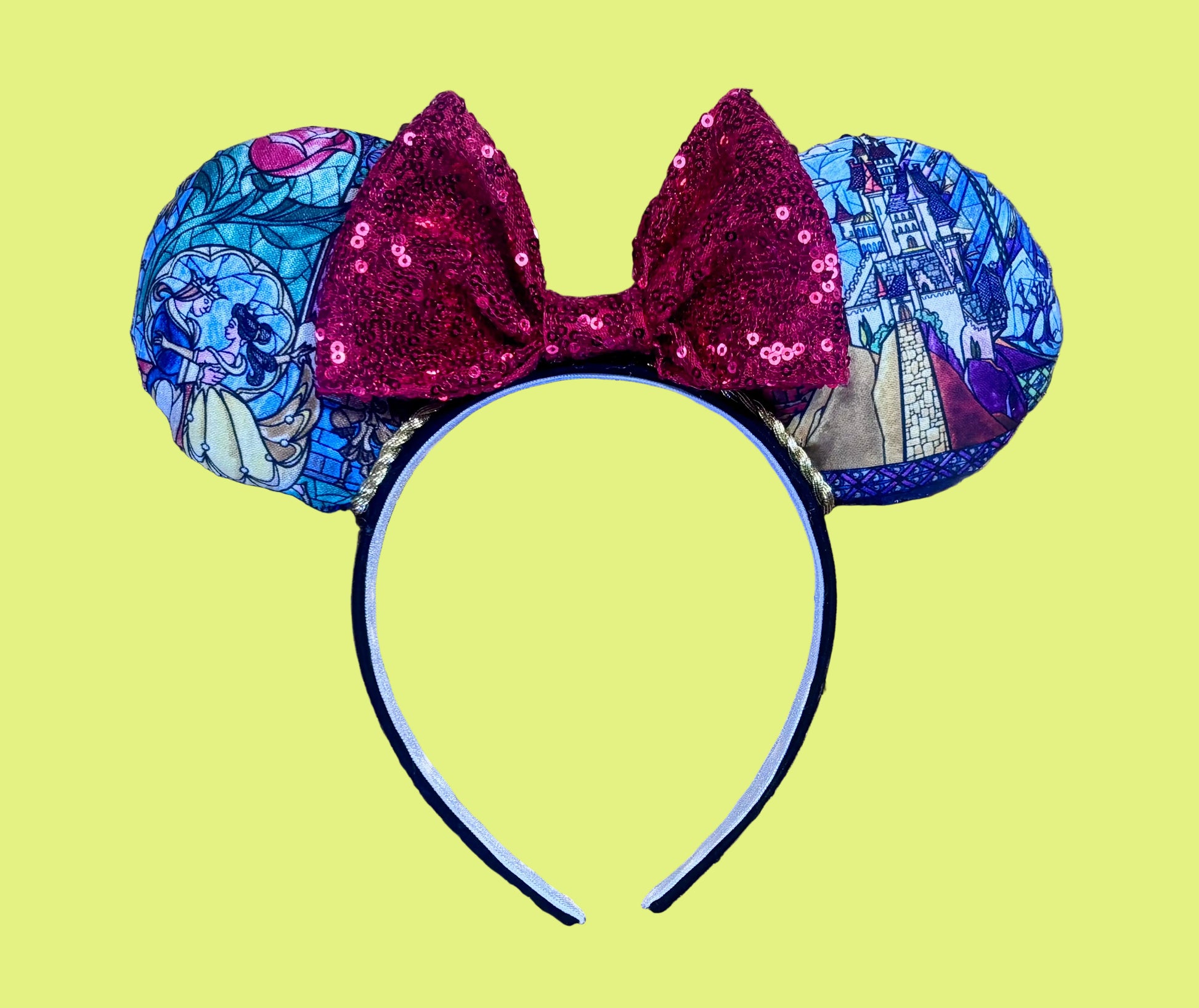 Handmade and ready to ship Stained Glass themed from BATB mouse ears with the fabric on both the front and back. On a black universal sized headband. The set has a RED sequin bow, but you can request any sequin color in your order and I'll attach it.