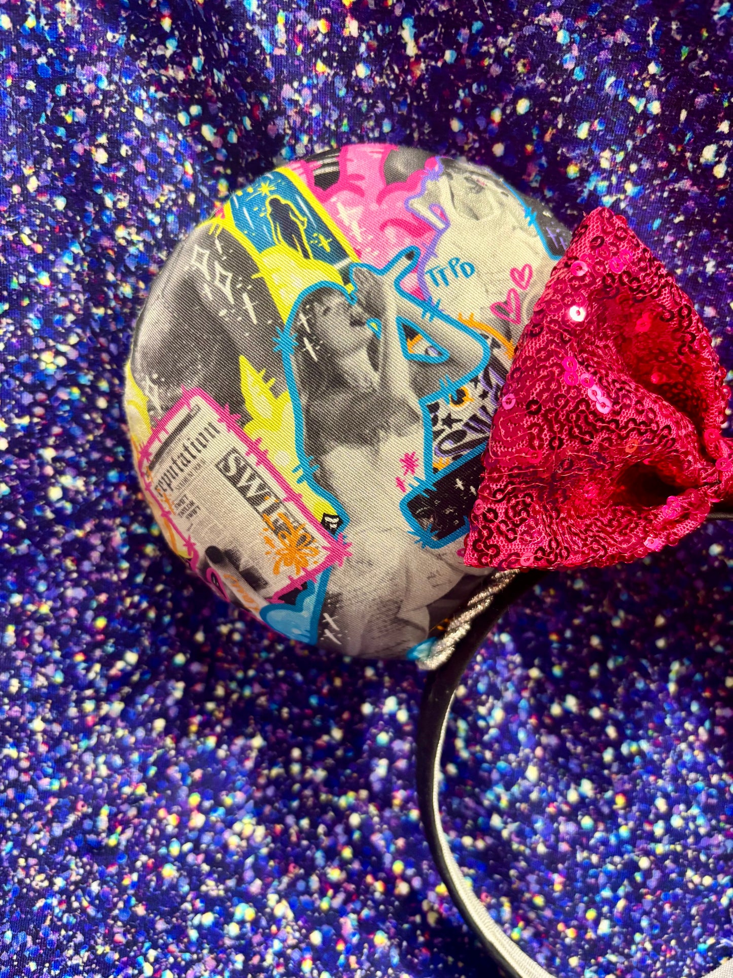 Neon Fortnight Mouse Ears - Taylor Swift Inspired Headband with Blue Sequin Bow