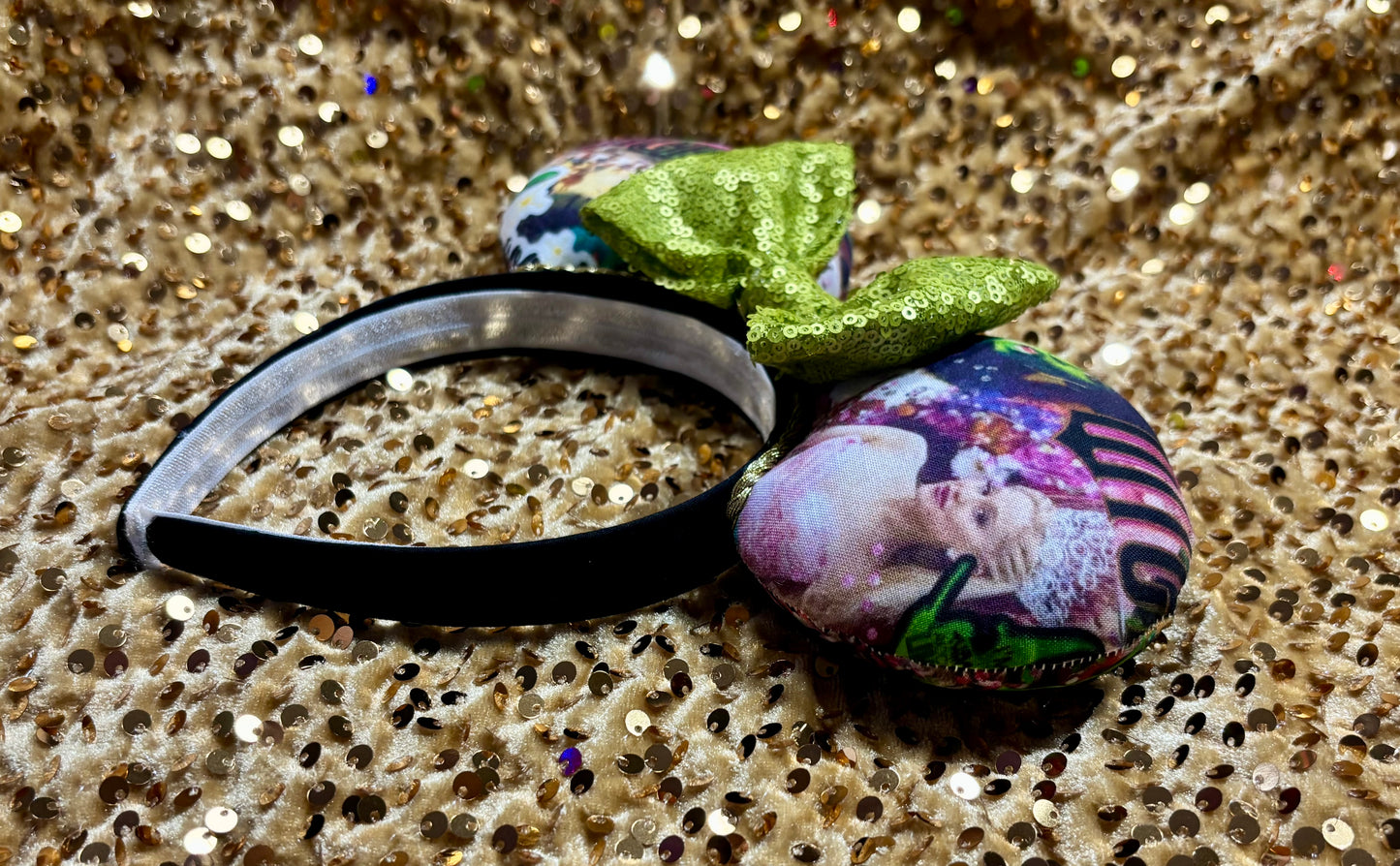 Wicked Collage Mouse Ears – Elphaba & Glinda Inspired Handmade Disney Headband | Pink Sequin Bow
