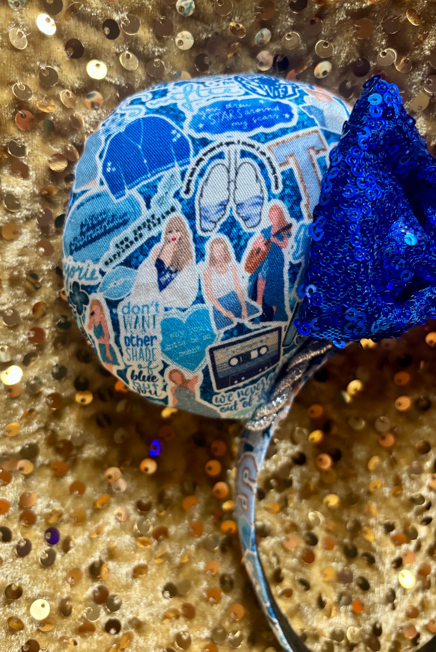 Blue Mouse Ears Headband with Silver Trim & Sequin Bow