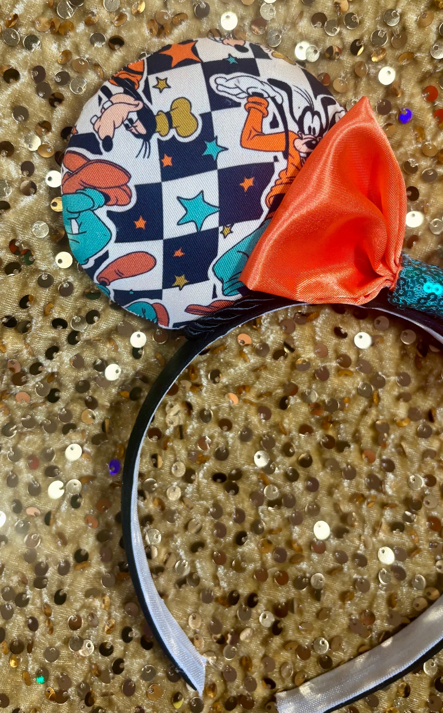 Goofy Mouse Ears | Classic Character Fabric Orange Satin & Turquoise Sequin Bow Headband
