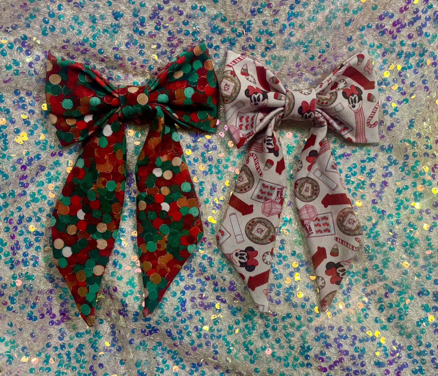 Two handmade and ready to ship French Tailed bows with barrette backings. Comes in Christmas color dots and Stocking Stuffers. Made with Cotton Lycra fabric. 