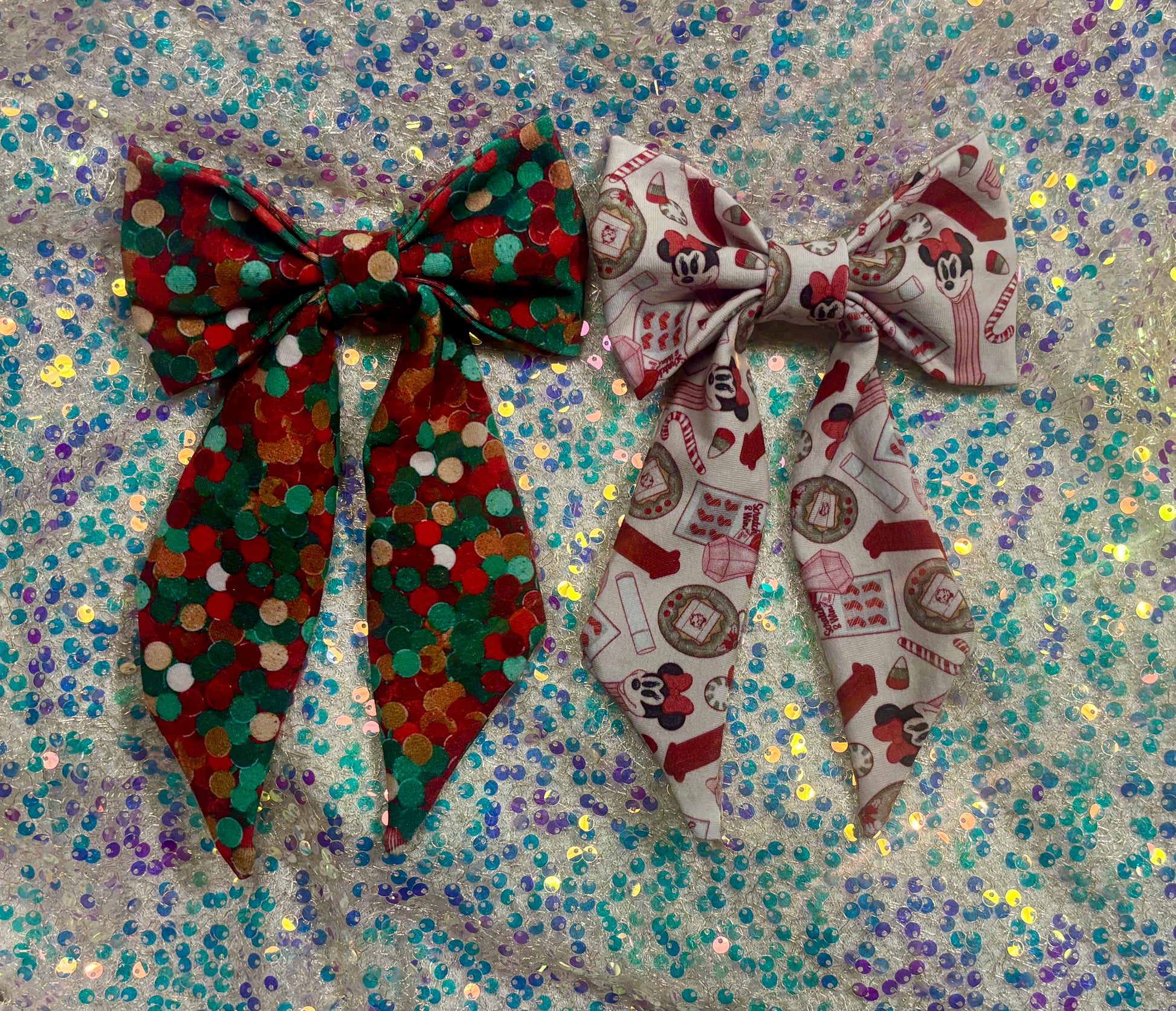 Two handmade and ready to ship French Tailed bows with barrette backings. Comes in Christmas color dots and Stocking Stuffers. Made with Cotton Lycra fabric. 