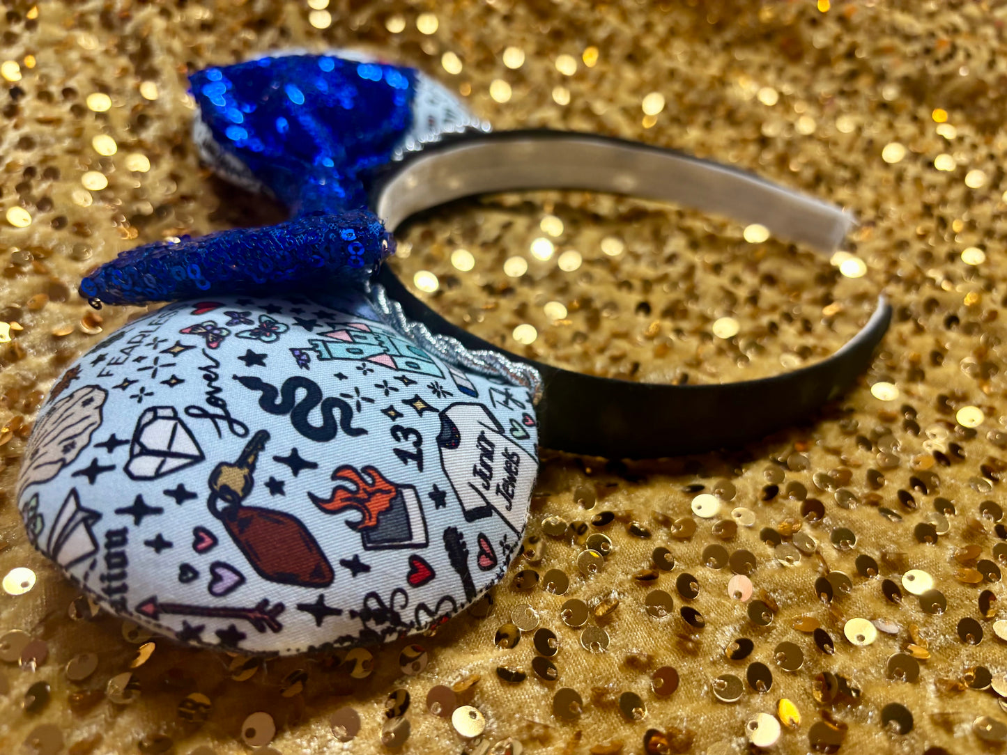Tay Doodles Mouse Ears | Handmade Taylor-Inspired Doodle Disney Headband with Blue Sequin Bow