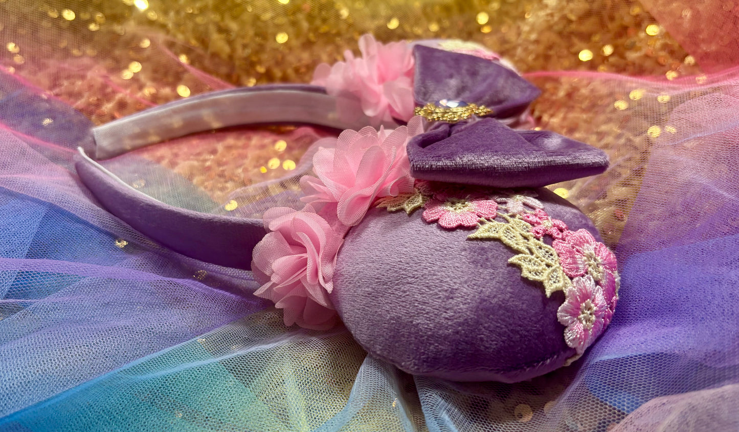 Rapunzel Inspired Mouse Ears | Purple Velvet & Pink Floral Trim Theme Park Headband