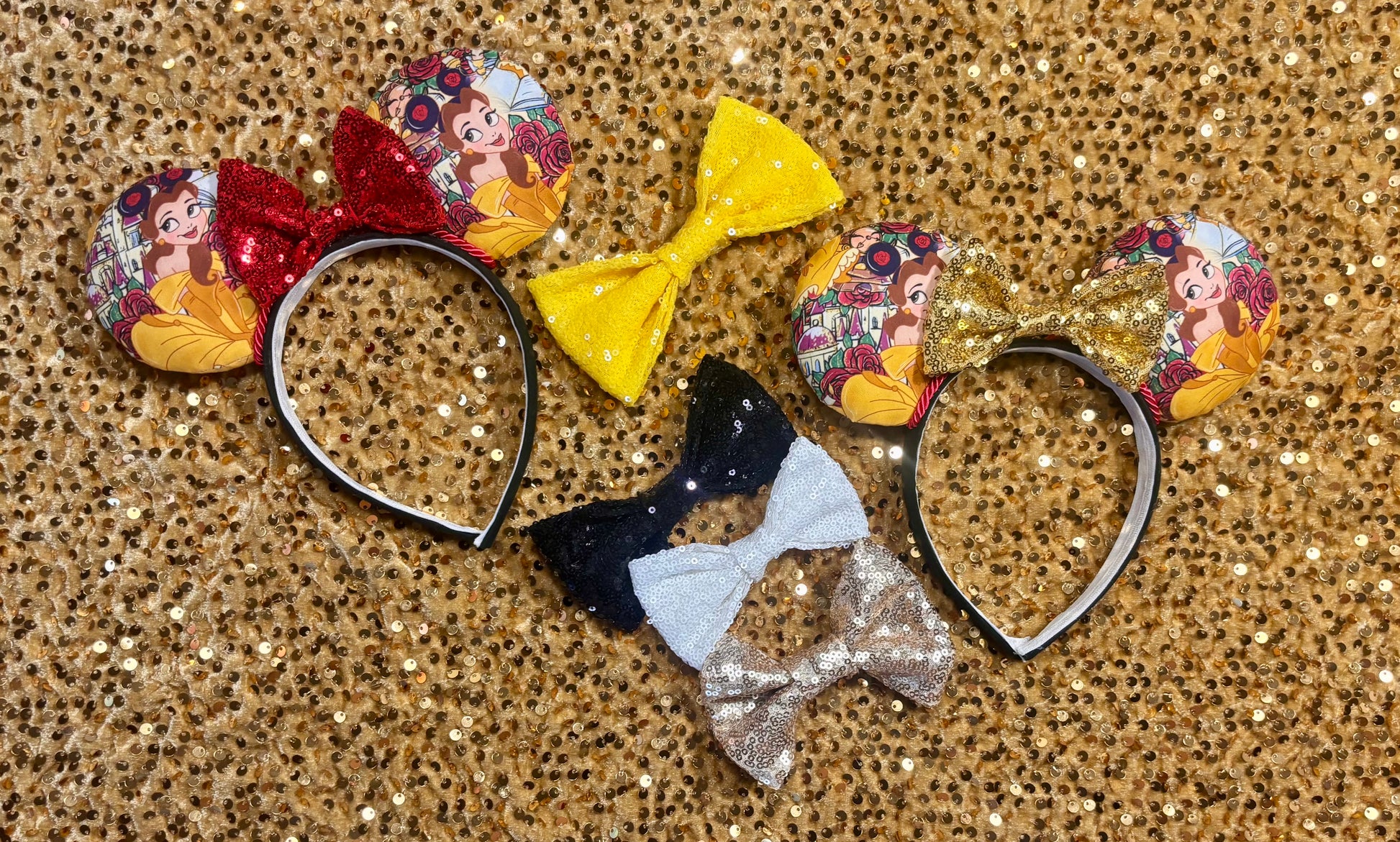 Belle from Beauty and the Beast-themed headband with Belle wearing mouse ears with red twisted trim and a red sequin bow. Handmade and ready to ship. 