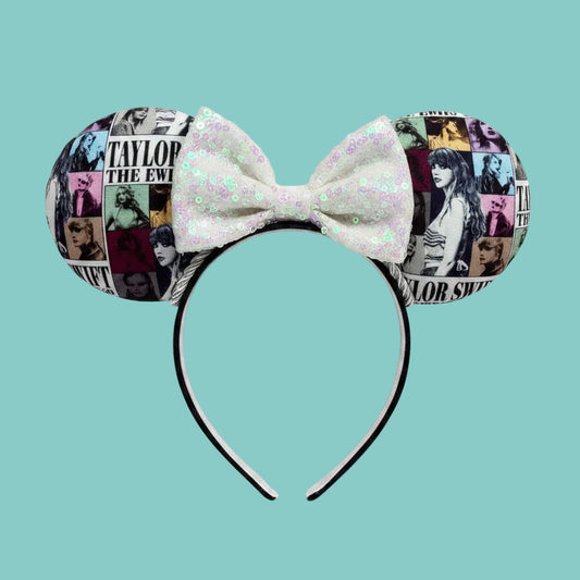 Handmade and ready to ship ERAS EARS with the fabric on both the front and back. On a black universal sized headband. The set has a WHITE IRIDECSENT sequin bow, but you can request any sequin color in your order and I'll attach it.