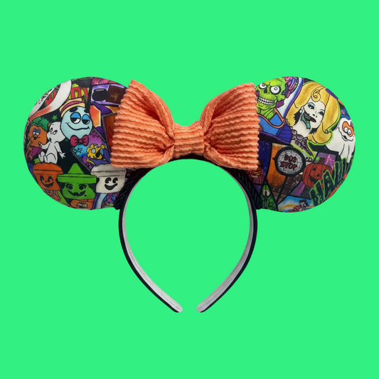 Nostalgic 90's Halloween Mouse ears with a soft orange waffle print bow with black twisted trim on a universal sized black poly cotton fabric headband. Handmade and ready to ship.