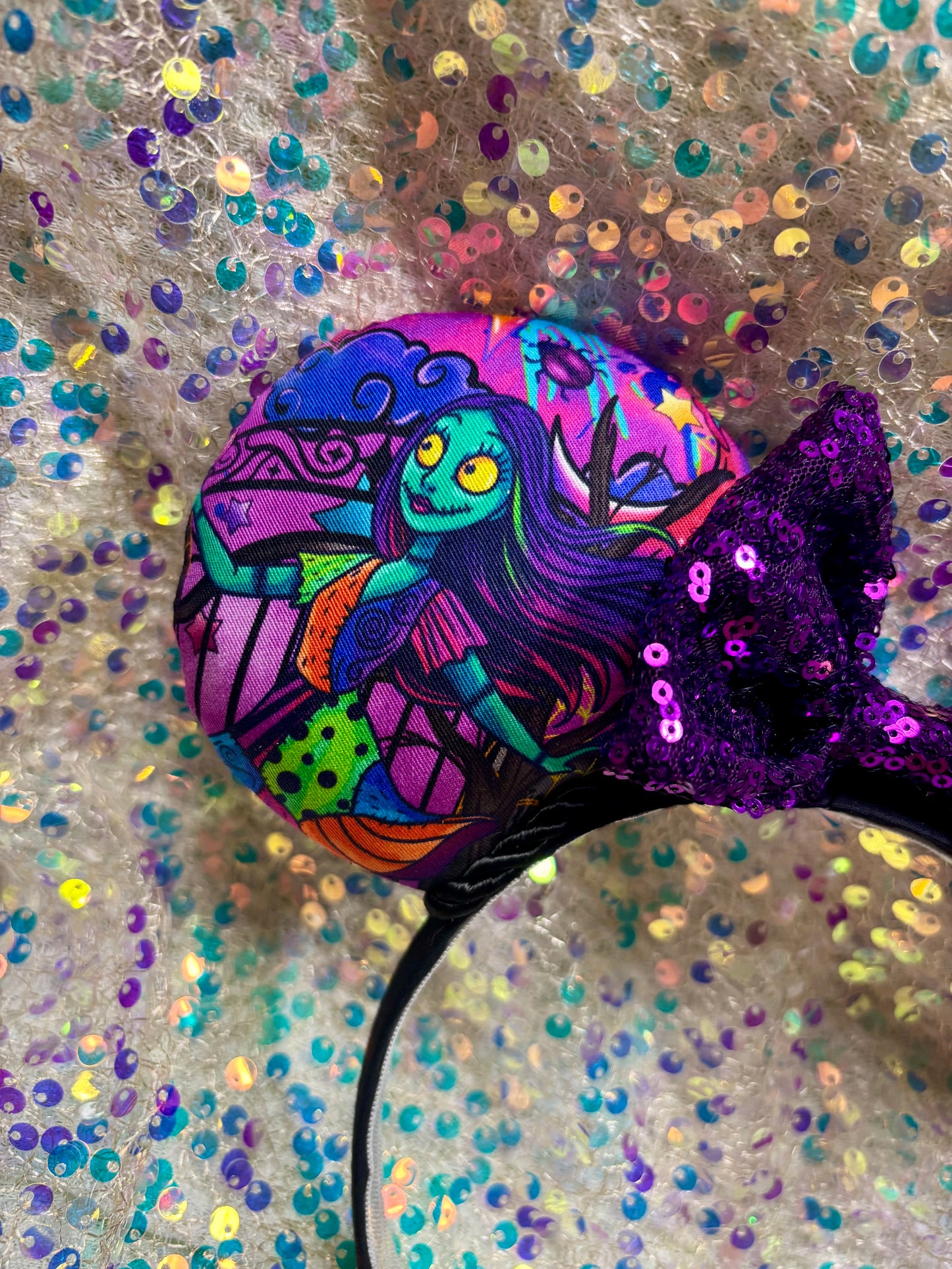 Sally Mouse Ears | Nightmare Before Christmas Patchwork Headband with Sequin Bow