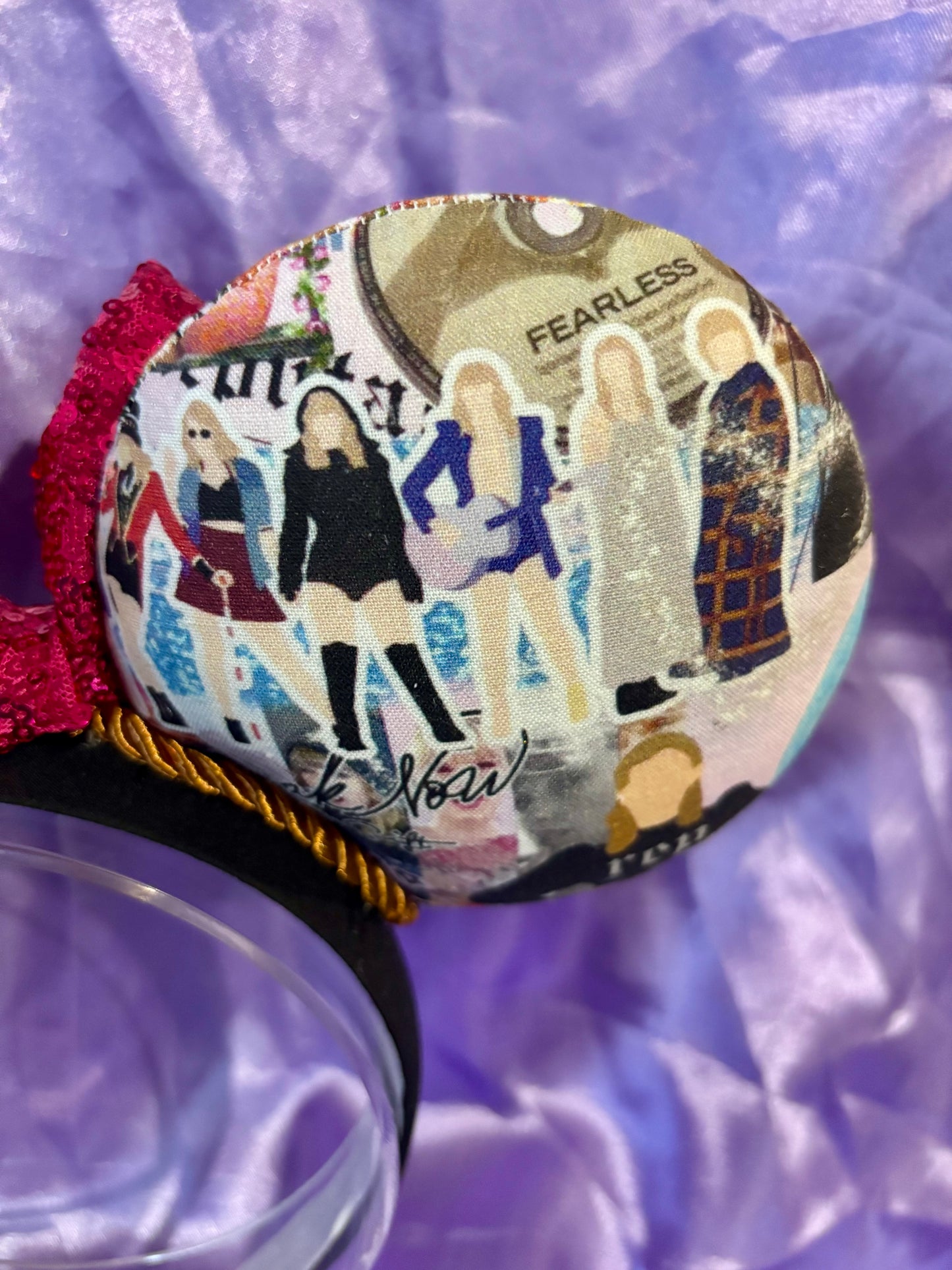 Cartoon Eras Mouse Ears – Taylor Swift Inspired Collage Handmade Disney Headband | Hot Pink Sequin Bow