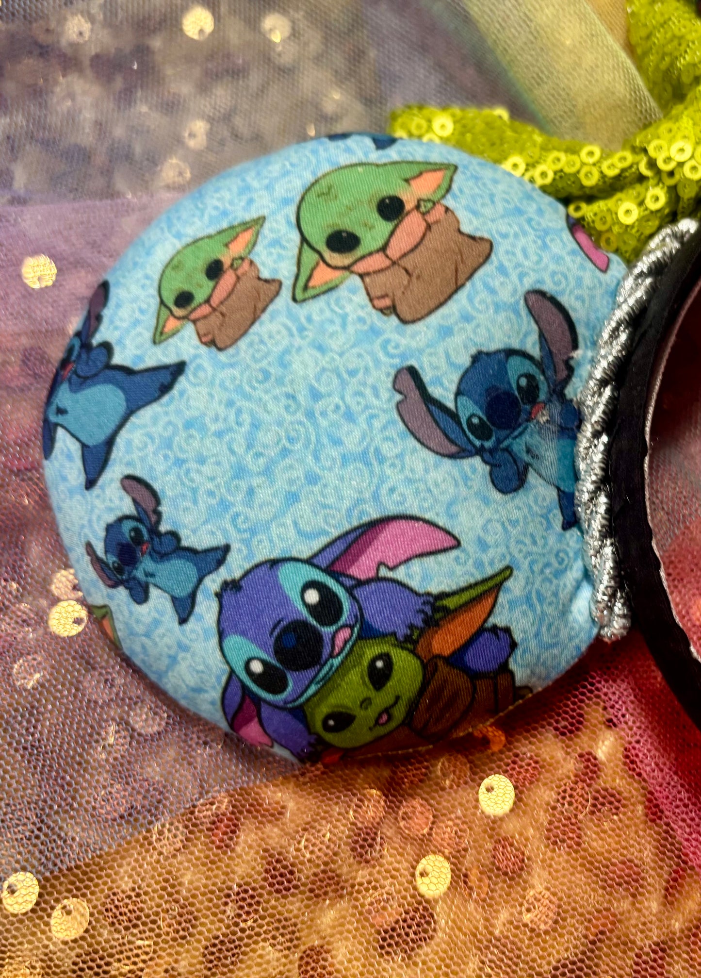 Baby Yoda & Stitch Mouse Ears | Handmade Star Wars Lilo & Stitch Disney Headband with Sequin Bow