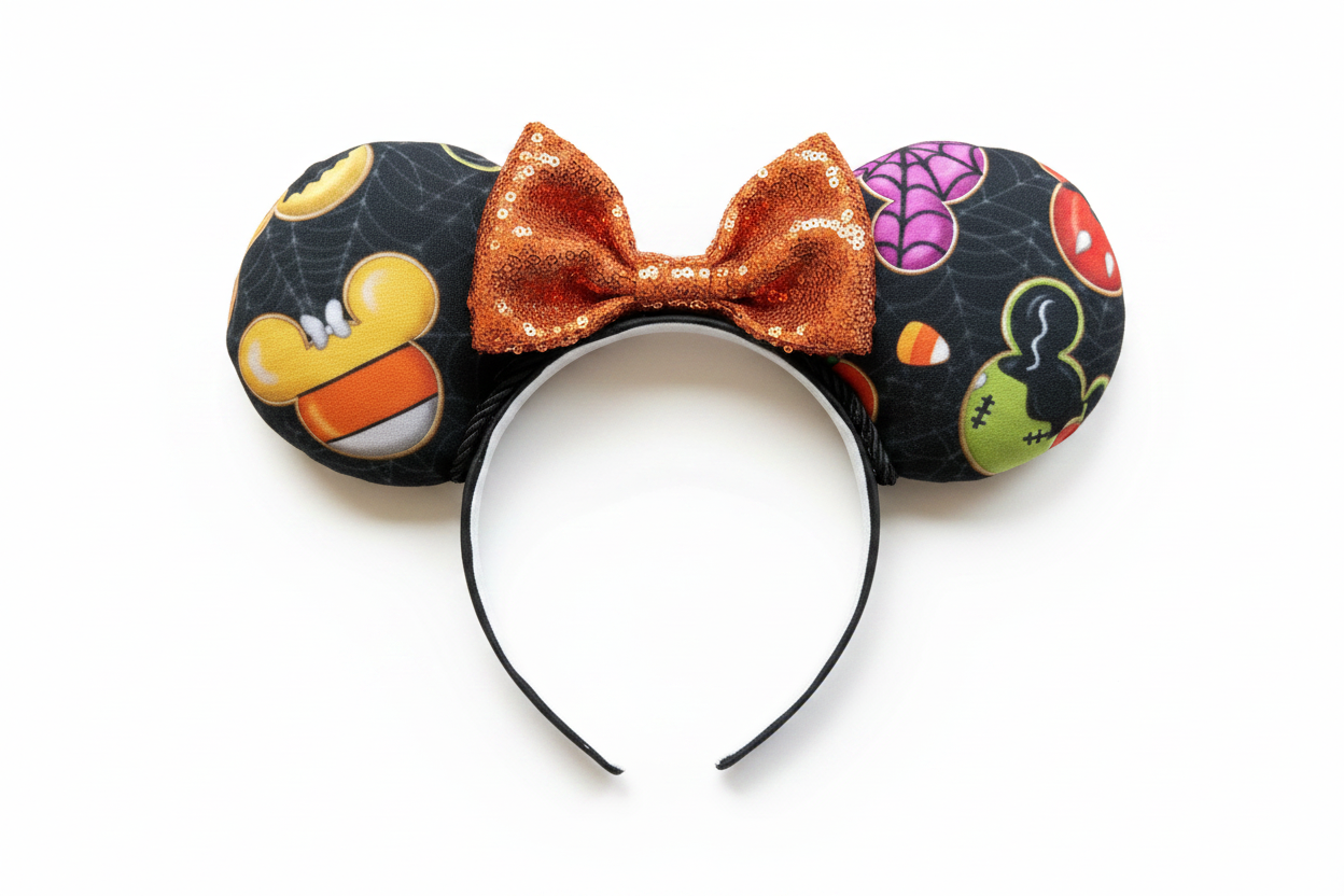 Halloween-themed mouse ears with a bow on a white background