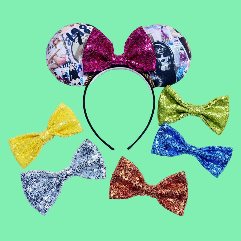 Mouse ears with Tay collage pictures with a pink bow and collage design on a gold sequin background. Show with many bows to pick from on your set. I have every color. Handmade and ready to ship.