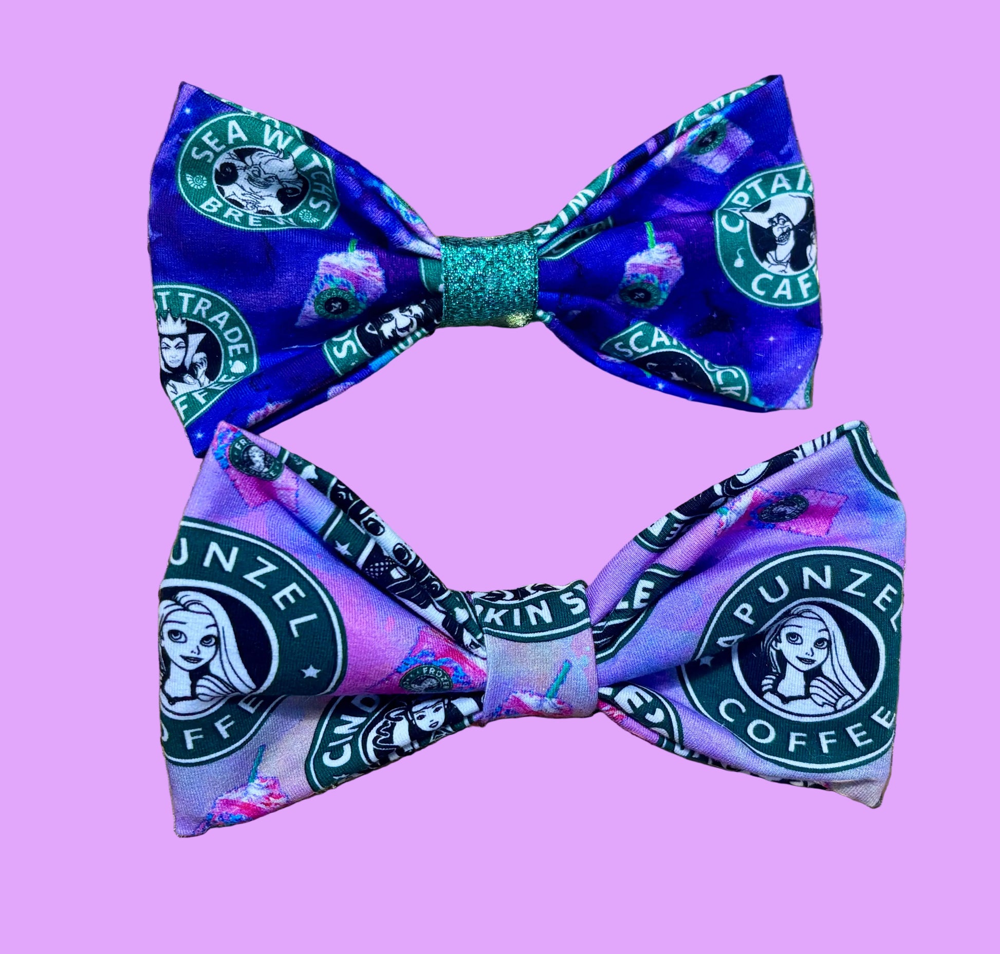 Handmade and ready to ship hairbows in a famous beloved coffee company's image but with princesses on one bow and villains on the other.  