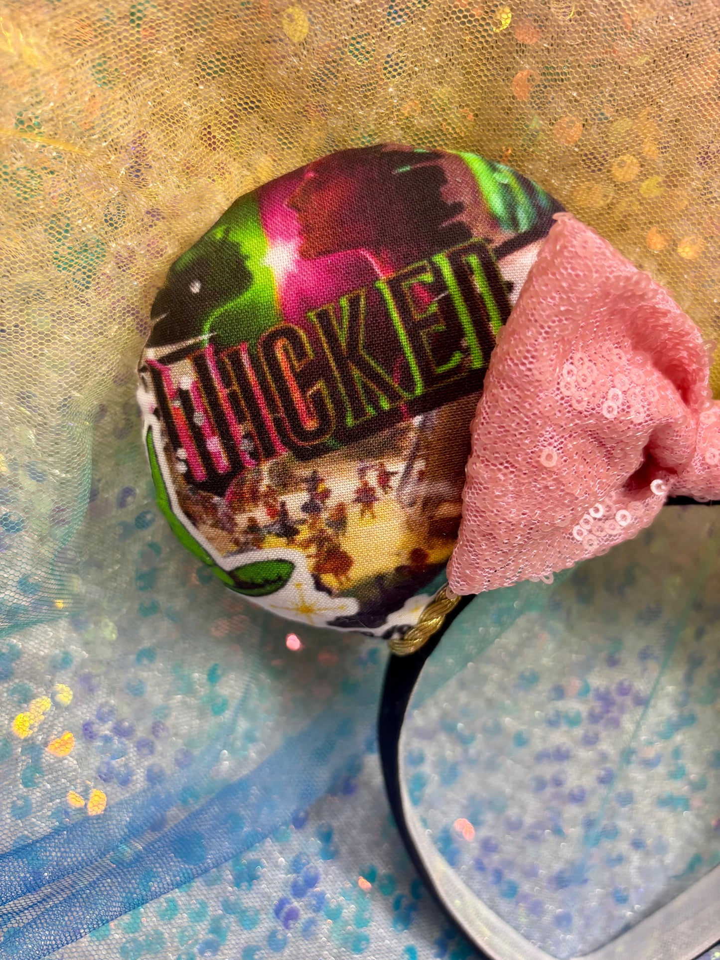 Wicked Collage Mouse Ears – Elphaba & Glinda Inspired Handmade Disney Headband | Pink Sequin Bow