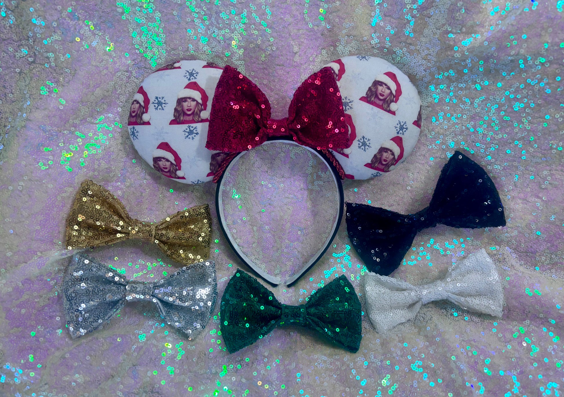 Mouse ear headband with red bow and character print. various bow colors available if you don't want the default red sequin bow.  on a glittery background