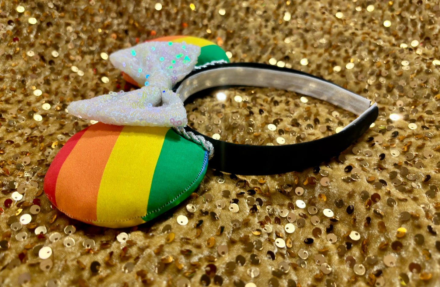 Rainbow Pride Mouse Ears | LGBTQ+ Silver Trim & Iridescent Sequin Bow Headband