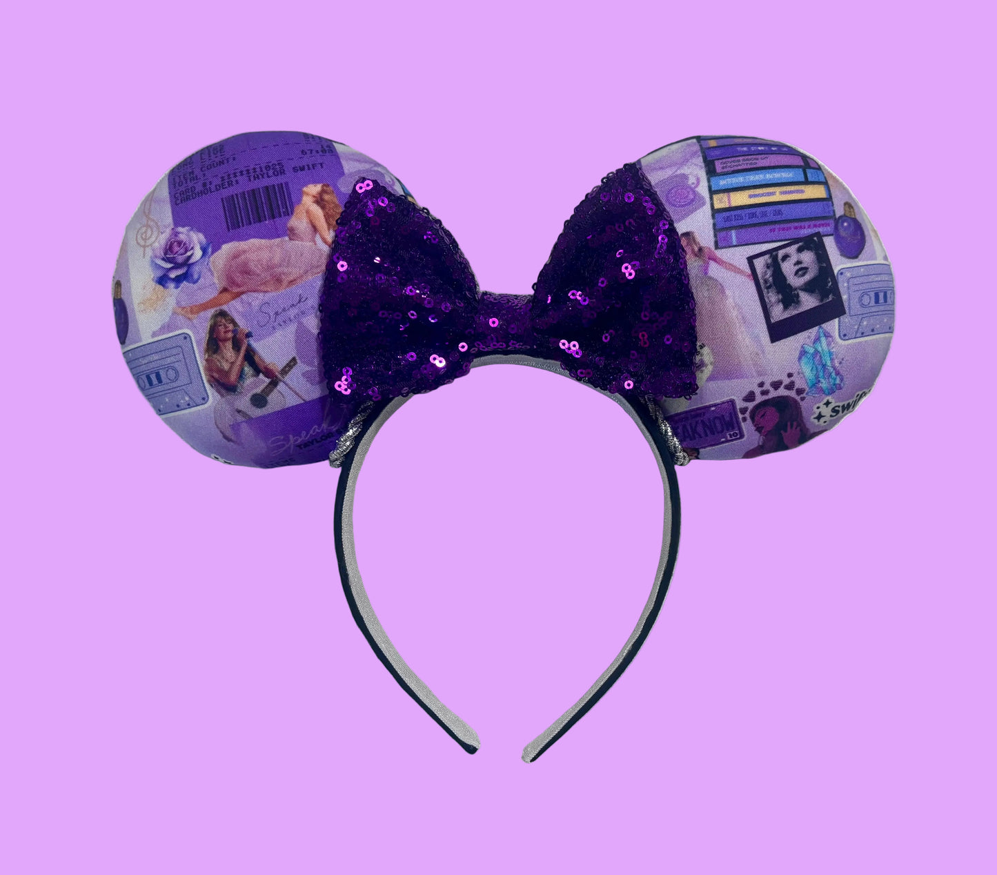 Handmade and ready to ship Tay inspired Mouse ears with the fabric on the ears, front and back and the bow is purple sequins. The headband is a universal sized headband and has black poly cotton fabric on it.