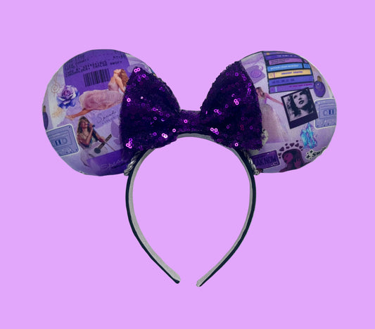 Handmade and ready to ship Tay inspired Mouse ears with the fabric on the ears, front and back and the bow is purple sequins. The headband is a universal sized headband and has black poly cotton fabric on it.