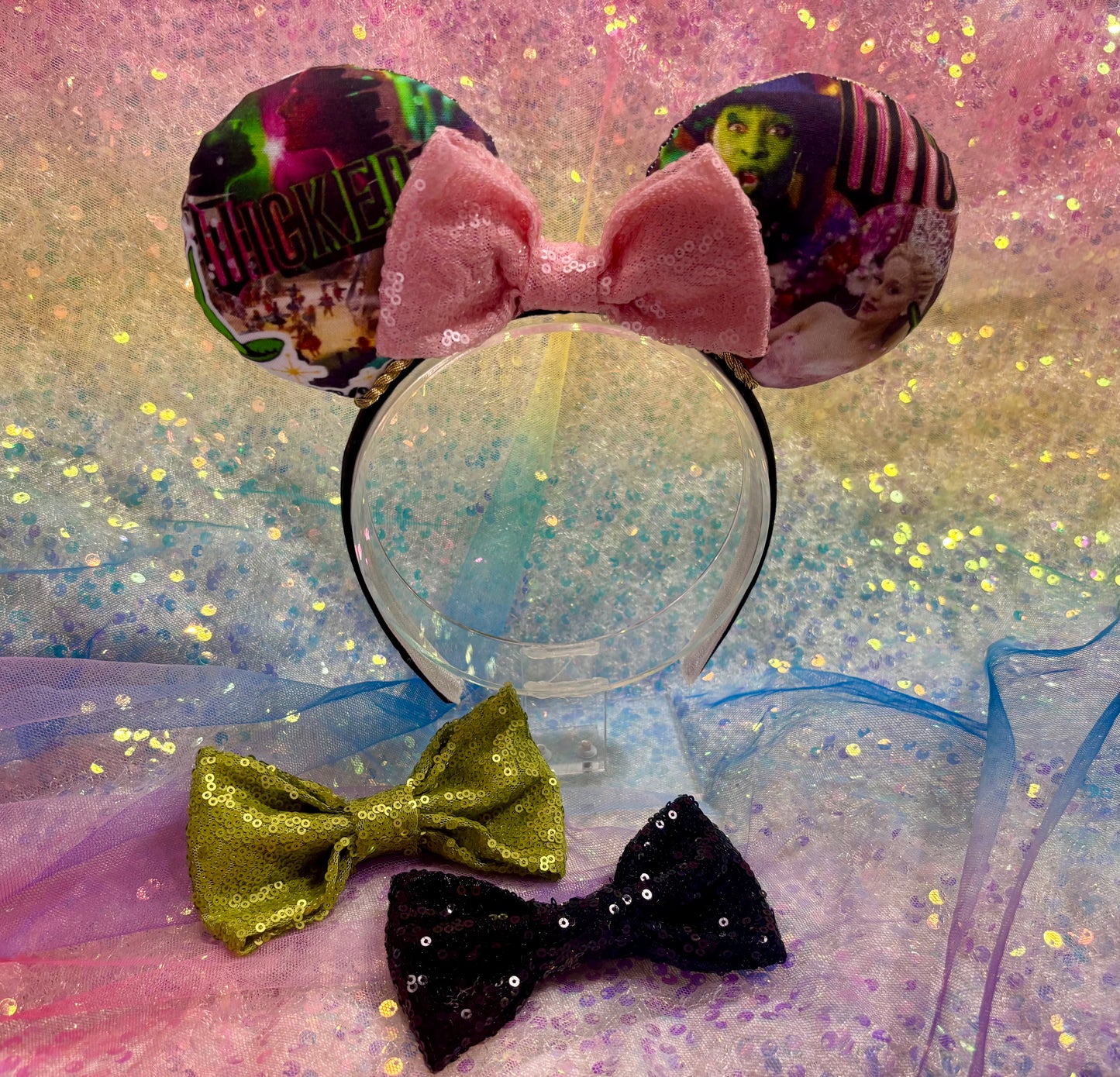 Wicked Collage Mouse Ears – Elphaba & Glinda Inspired Handmade Disney Headband | Pink Sequin Bow