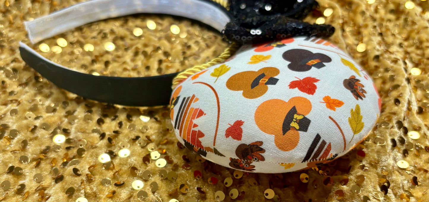 Thanksgiving Mouse Ears | Handmade Fall Disney Headband with Gold Trim & Sequin Bow