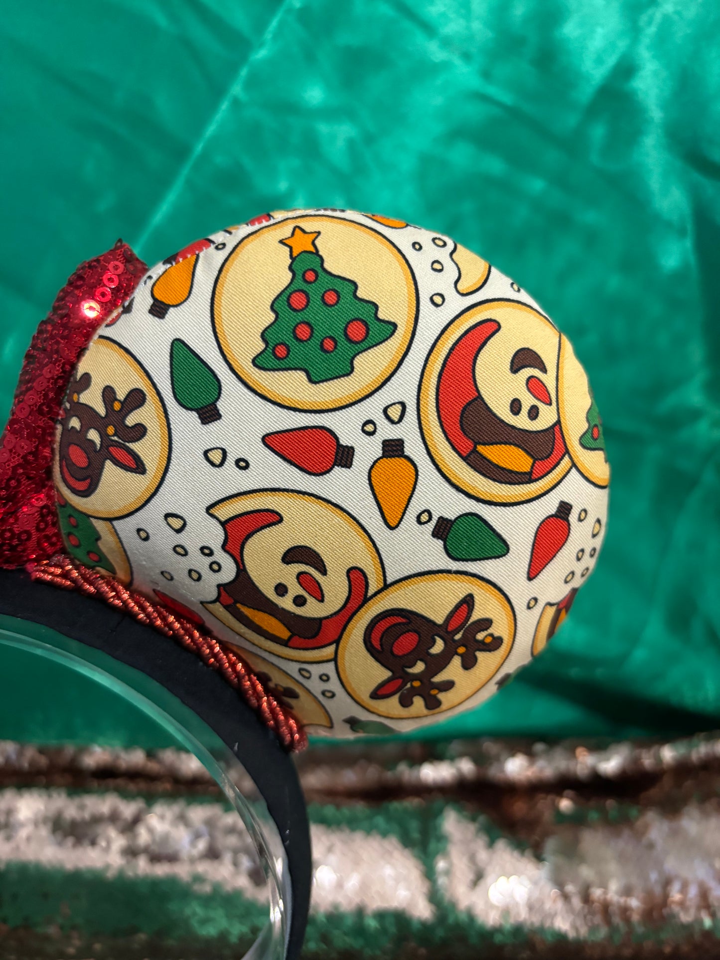 Sugar Cookie Mouse Ears – Handmade Disney-Inspired Christmas Headband with Red Sequin Bow.